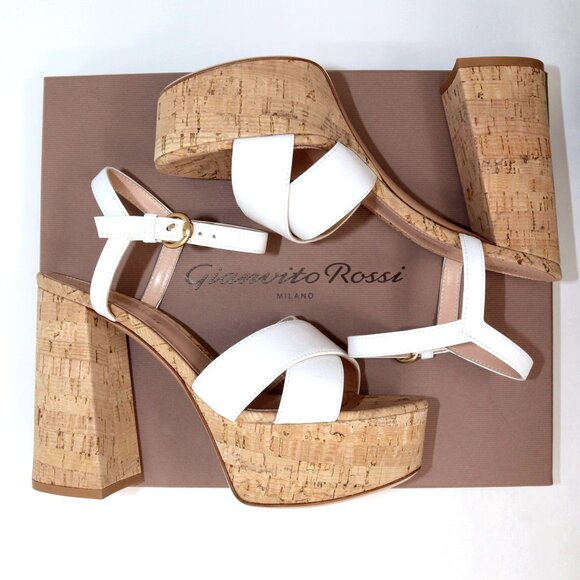 Gianvito Rossi 37.5 NEW With Box Nappa White Leather & Cork Bebe Sandal Heels - Picture 3 of 13
